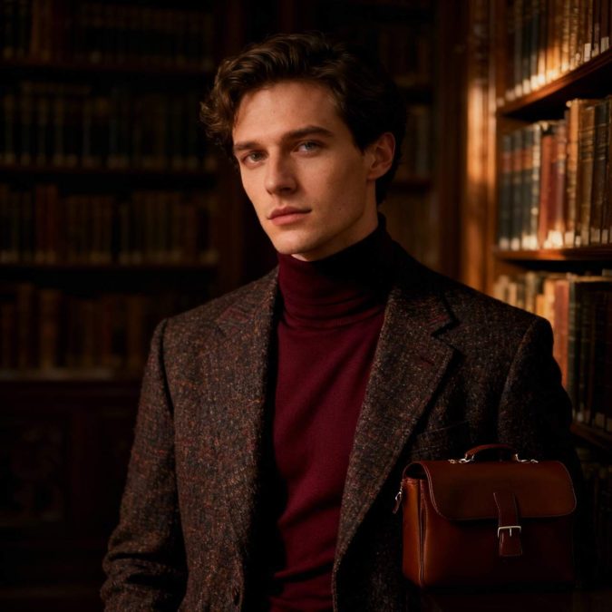 A young scholar in a tweed blazer holds a leather satchel, surrounded by towering bookshelves.