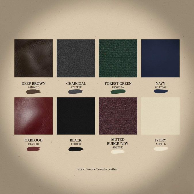 Dark academia color palette swatches in charcoal, espresso, camel, navy, forest, oxblood, and ivory.