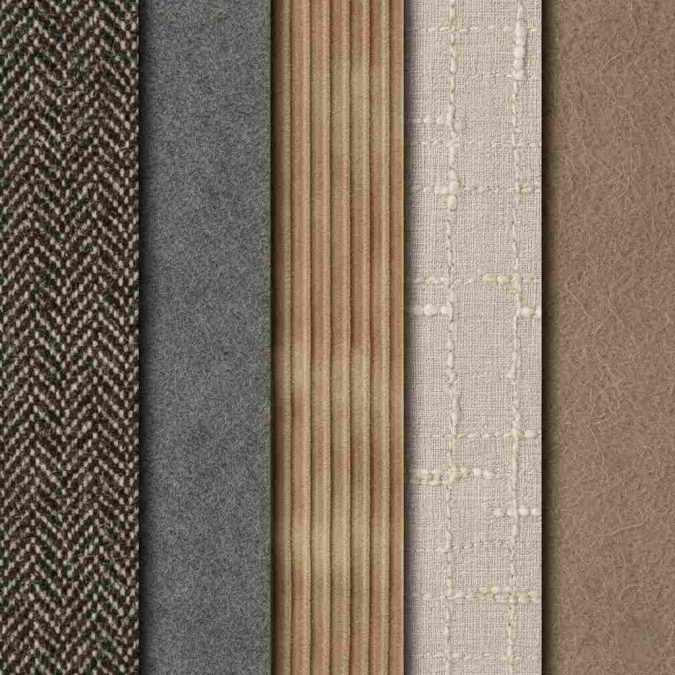 Macro textures of tweed, wool flannel, corduroy, linen, and brushed cotton in dark tones.