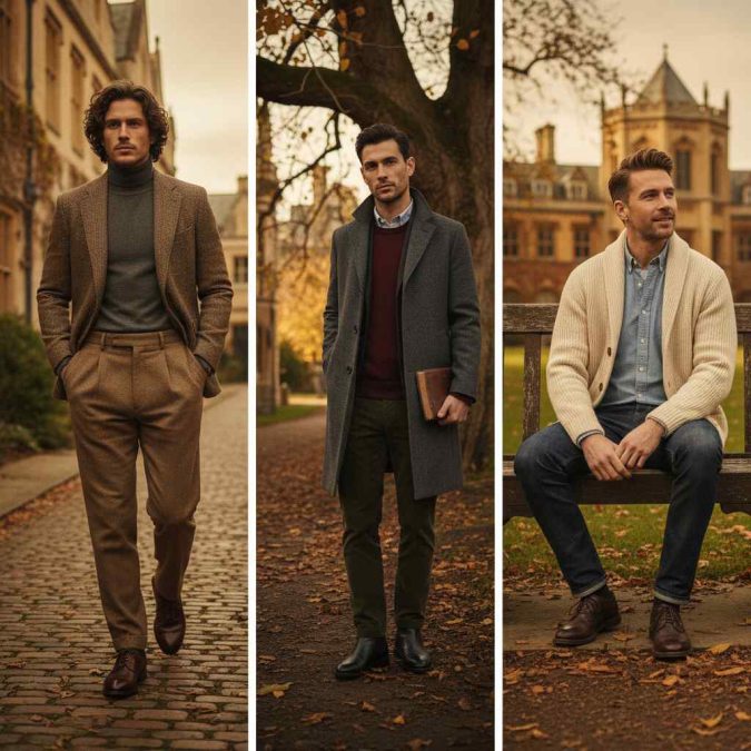Dark academia fall/winter outfits with tweed blazer, overcoat and cords, and denim with cardigan.