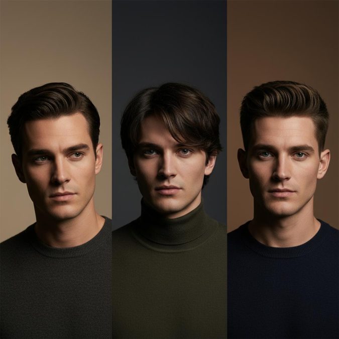 Men’s hairstyles for dark academia: side part, curtain fringe, and textured crop on diverse models.