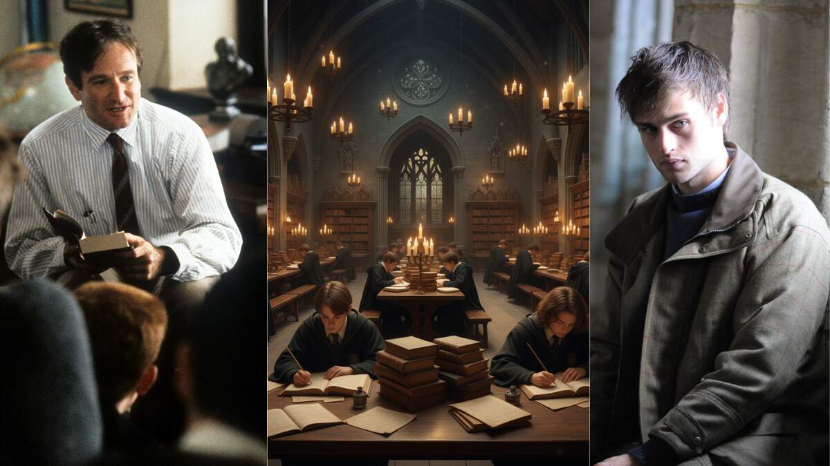 Robin Williams inspires students. Scholars study in a Hogwarts-like library. A young man in tweed embodies dark academia.