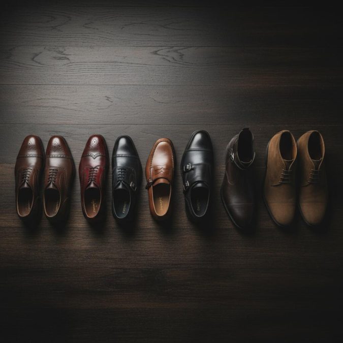 Lineup of dark academia shoes: Oxfords, brogues, derbies, loafers, monk straps, Chelsea boots, chukkas.