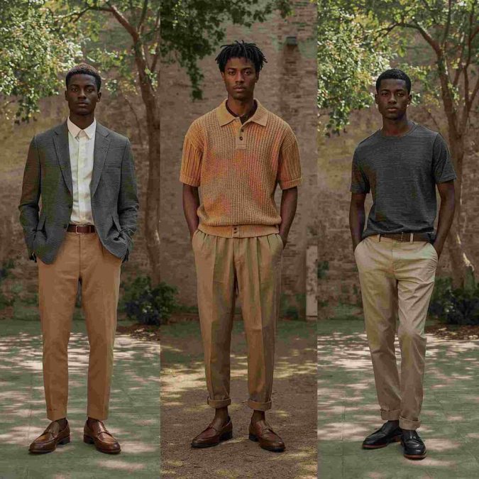 Three men in a university courtyard wearing spring/summer dark academia style outfits.