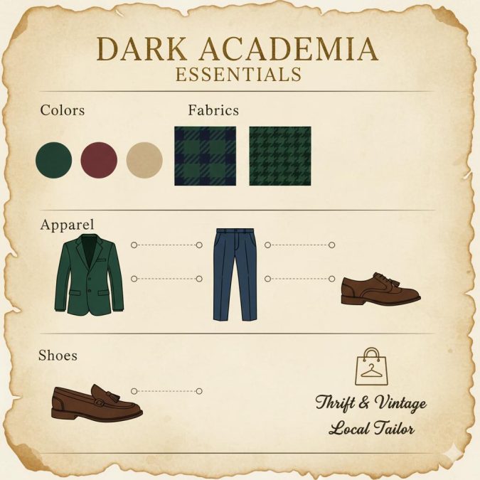 TL;DR infographic of dark academia colors, fabrics, essentials, shoes, and shopping sources.