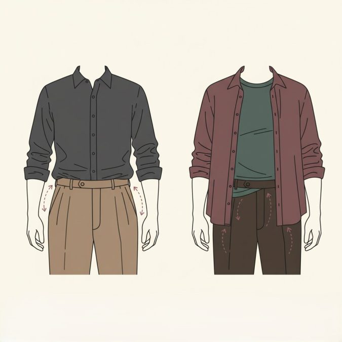 Diagram showing French tuck and Japanese tuck techniques for men’s shirts.