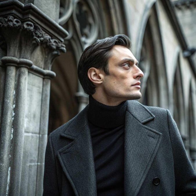 Sharp-jawed figure in a charcoal overcoat and black roll-neck beneath gothic stone arches.