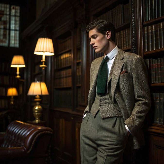 Herringbone-clad gentleman with a forest-green knit tie leaning against dark mahogany shelves filled with leather-bound tomes.