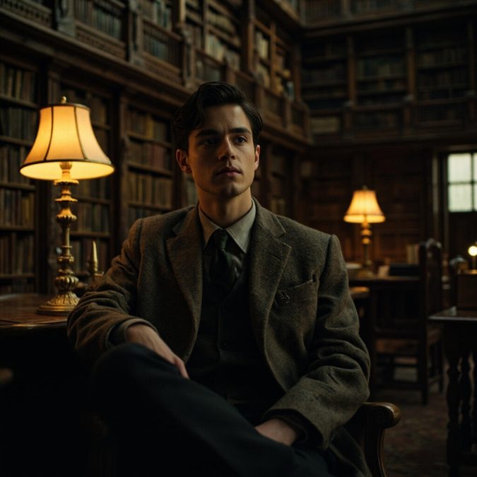 Scholar in an olive tweed coat, muted tie, and waistcoat seated among golden desk lamps and towering bookcases.