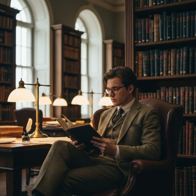 Man in a three-piece tweed suit and round glasses reading a worn novel at a lamplit university library desk.