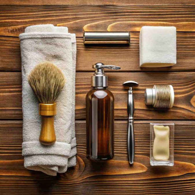 Men’s grooming essentials flat lay—cleanser, moisturizer, SPF, razor, and comb in dark academia style.