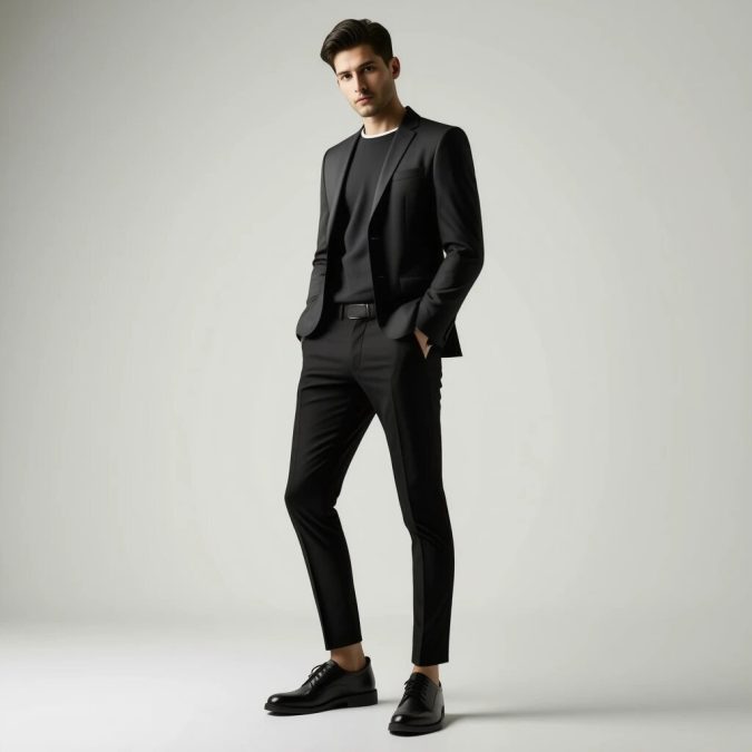 Minimalist dark academia outfit with charcoal suit, plain merino knit, and simple leather sneakers.