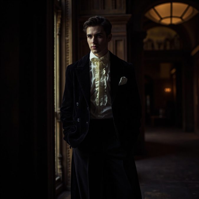Elegant man in a midnight-velvet double-breasted jacket and ivory ruffled shirt standing in a shadowy corridor.