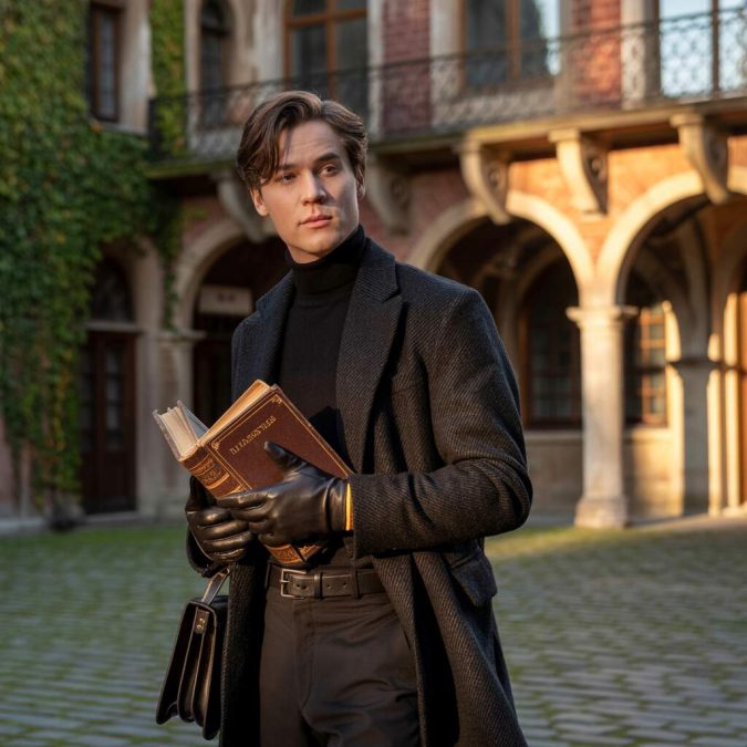 Ivy-clad campus corridor with tweed blazer, leather satchel, and open book, dark academia mood.