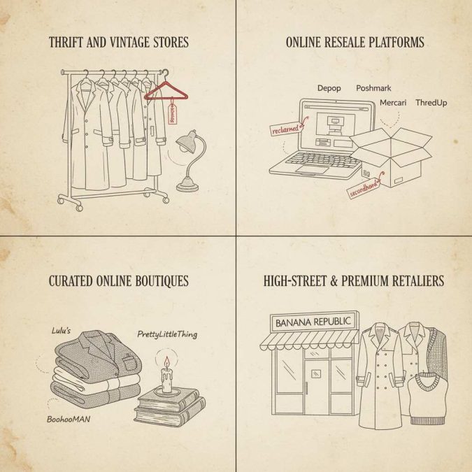 Tiered guide to shopping dark academia: thrift, high-street, heritage, and online resale.