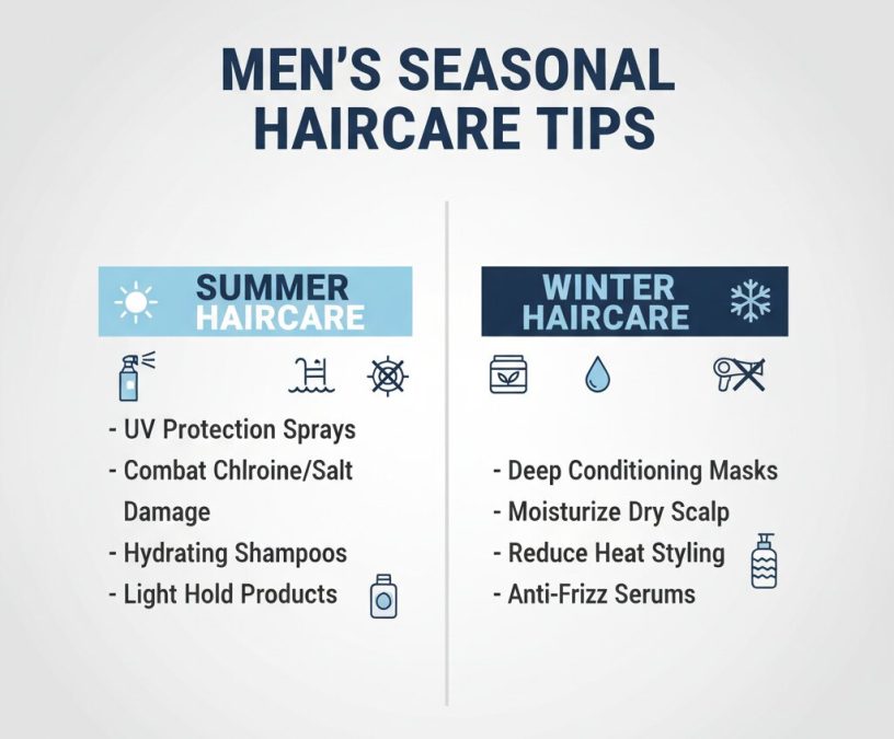 Summer vs winter haircare tips for men—UV and chlorine protection vs hydration and masks