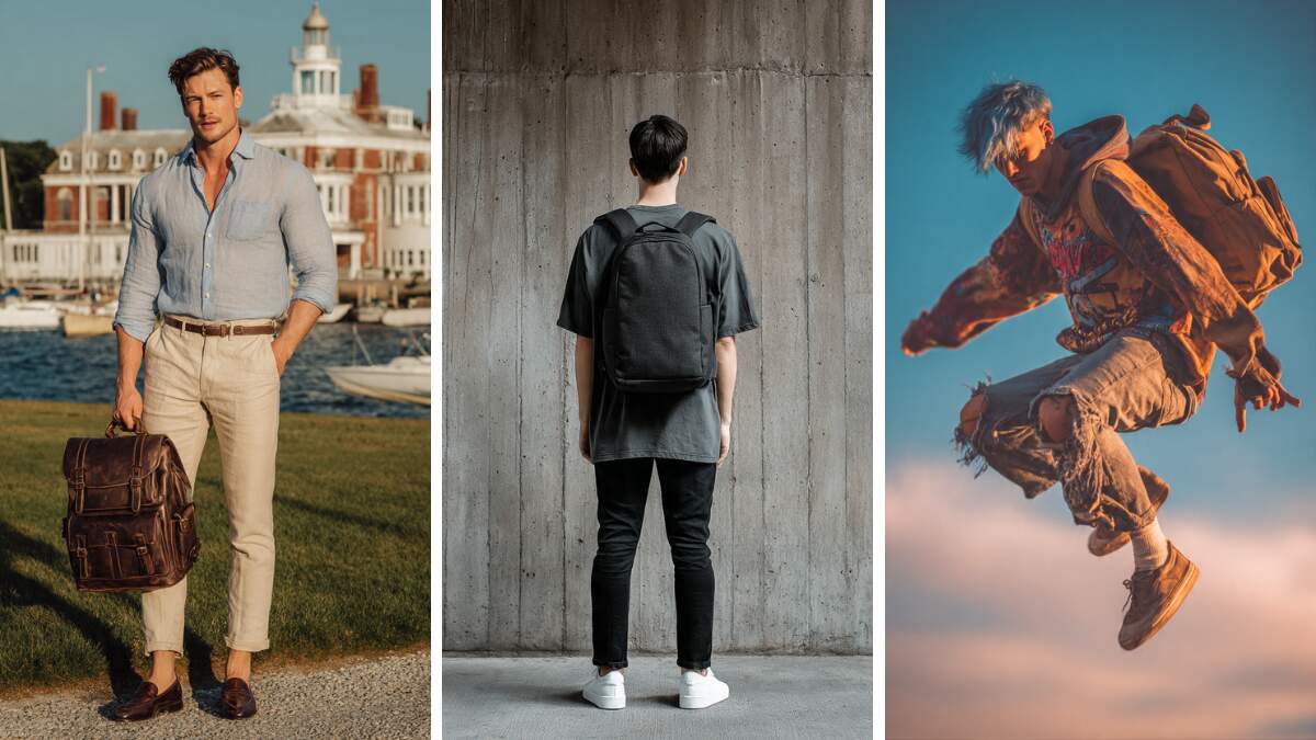 Styling top backpacks for men in Old Money, minimalist, and skater aesthetics.