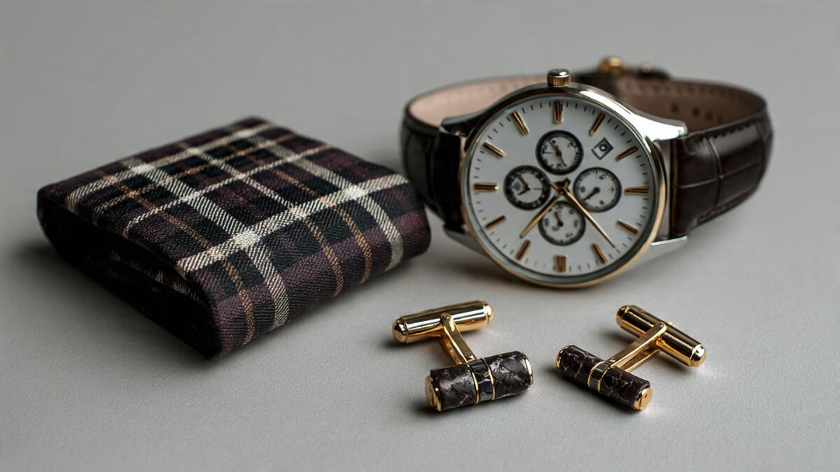 classy mens accessories flat lay featuring leather watch and cufflinks