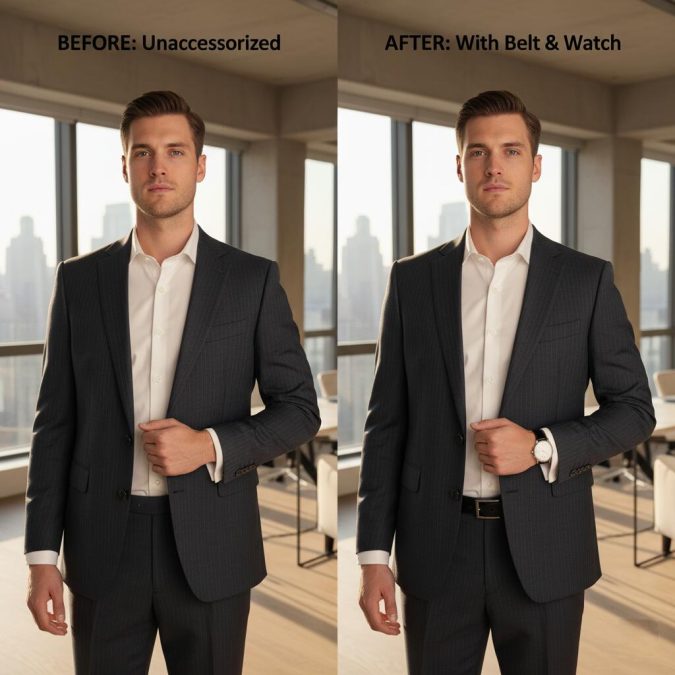 outfit comparison photo showing before and after adding classy mens accessories like belt and watch.