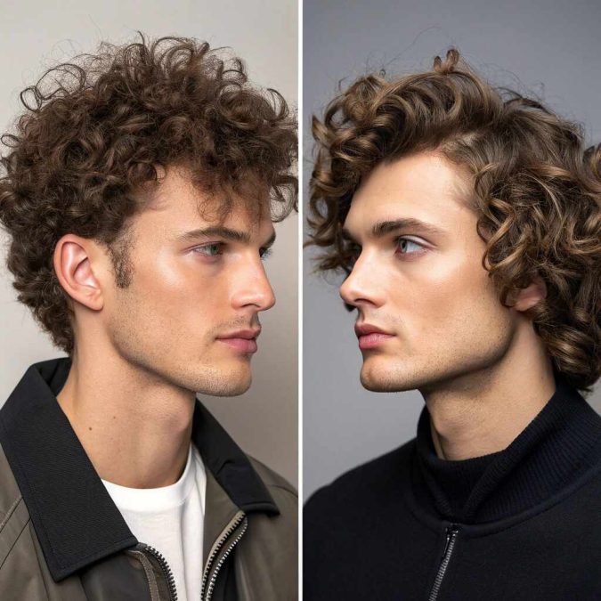 Curly men’s hair before and after serum application for frizz control