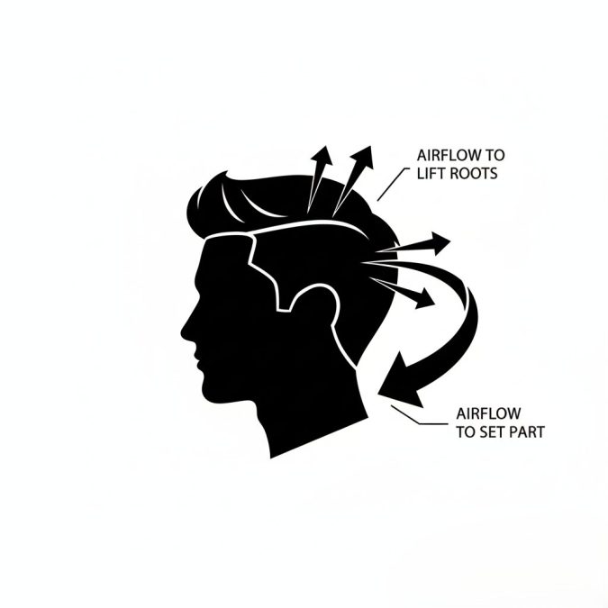 Diagram showing directional blow-drying to set part and add root lift for men’s hair.
