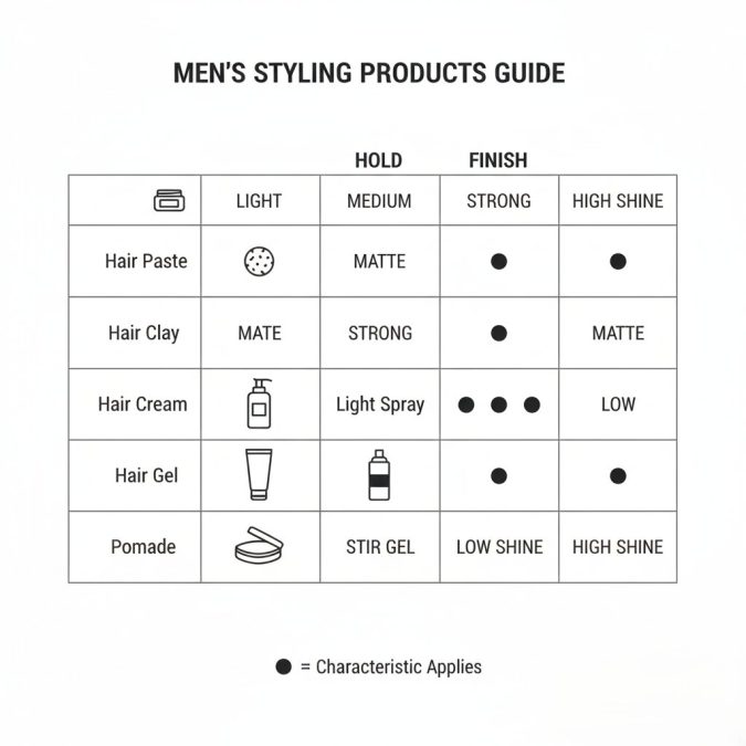 Chart comparing pomade, clay, wax, gel, mousse, cream, and hairspray by hold and finish.