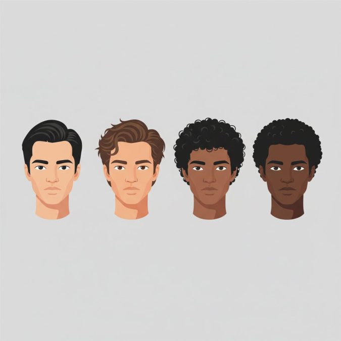 Illustration of men’s hair types: straight, wavy, curly, and coily on diverse models.