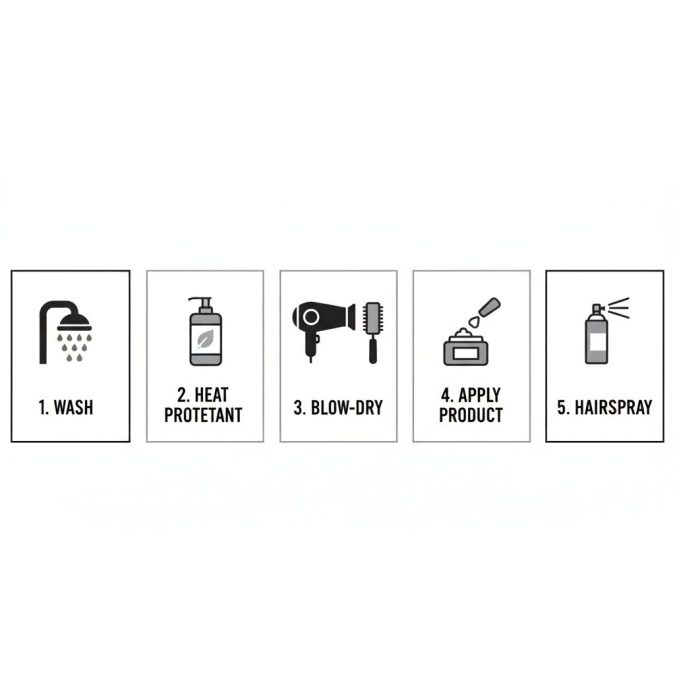 Infographic showing five steps to style men’s hair: wash, prep, blow-dry, apply product, set.