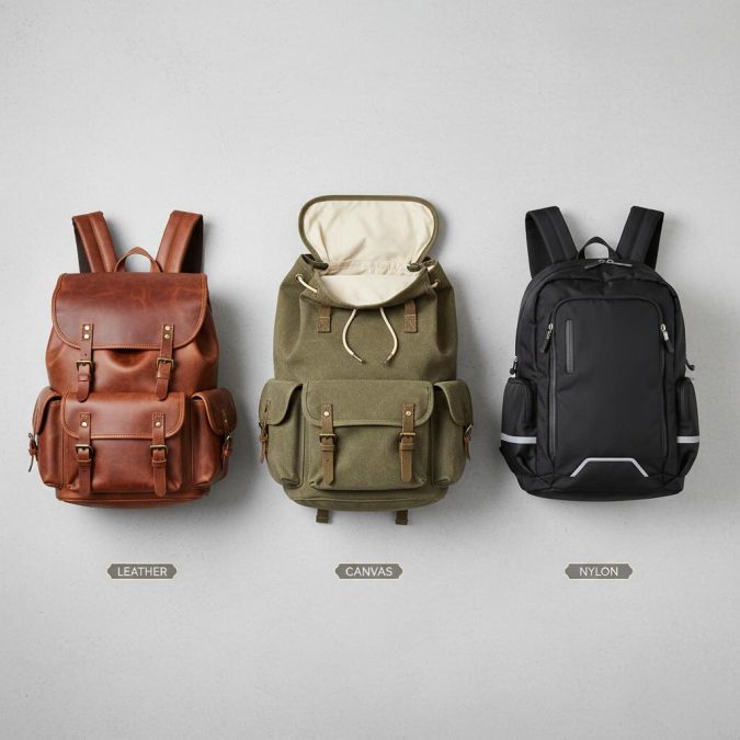 Comparison of top backpacks for men materials: leather vs canvas vs nylon.