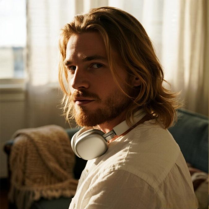 Man with shoulder-length wavy hair using a diffuser on low heat to create natural waves.