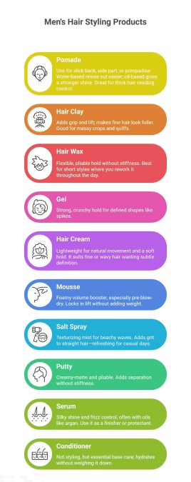 Infographic of men’s hair products categories like pomade clay and salt spray explained
