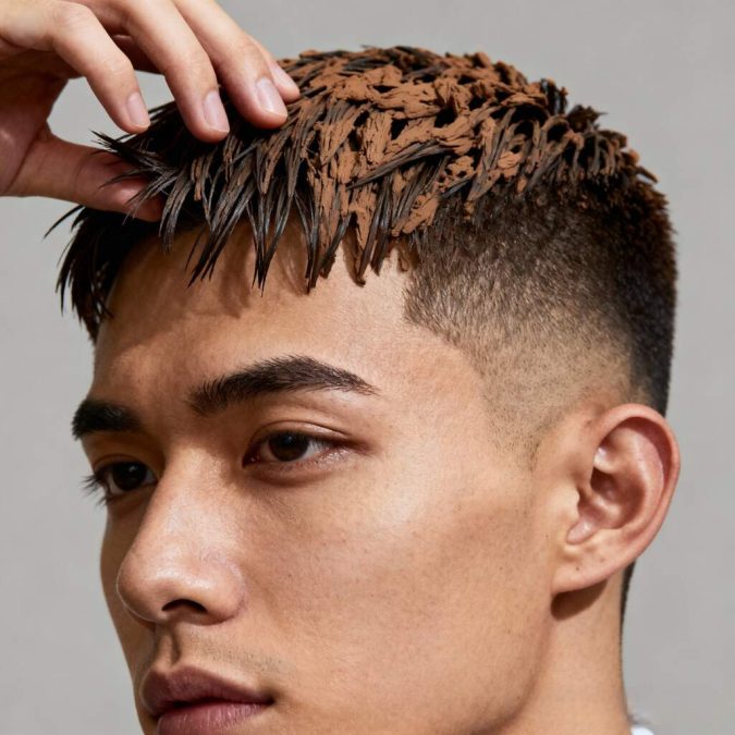 Barber applying matte clay to a short textured crop, lifting the fringe for definition.