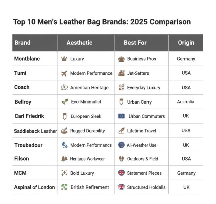 Top 10 best leather bag brands comparison table for men.