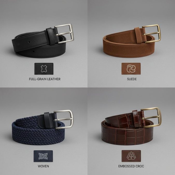 men’s belt materials grid—full-grain leather, suede, woven, and embossed croc textures