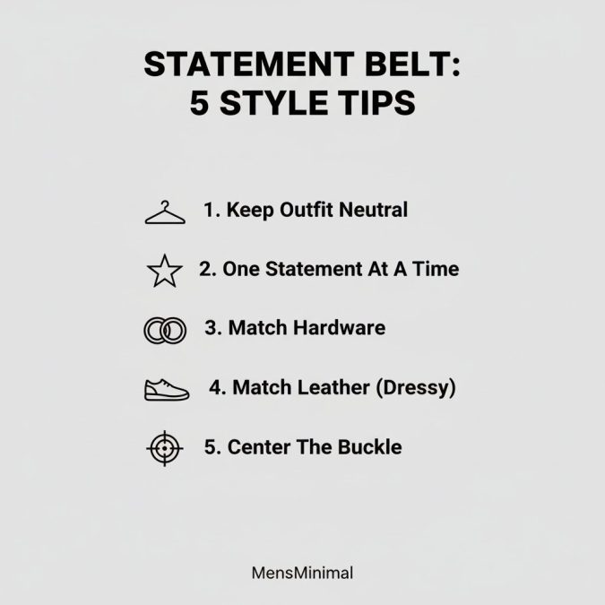 infographic with steps on how to wear a men’s statement belt for casual and smart-casual looks
