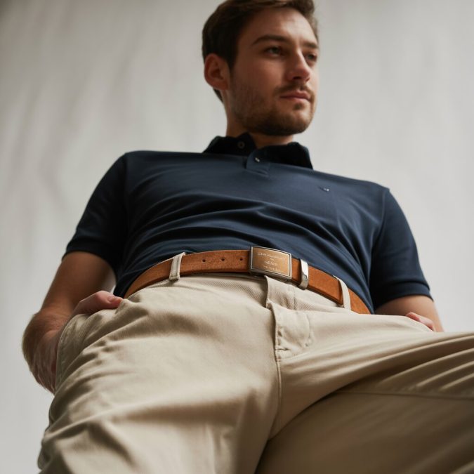smart-casual men’s look with stone chinos and brown suede statement belt, slim plaque buckle, navy polo