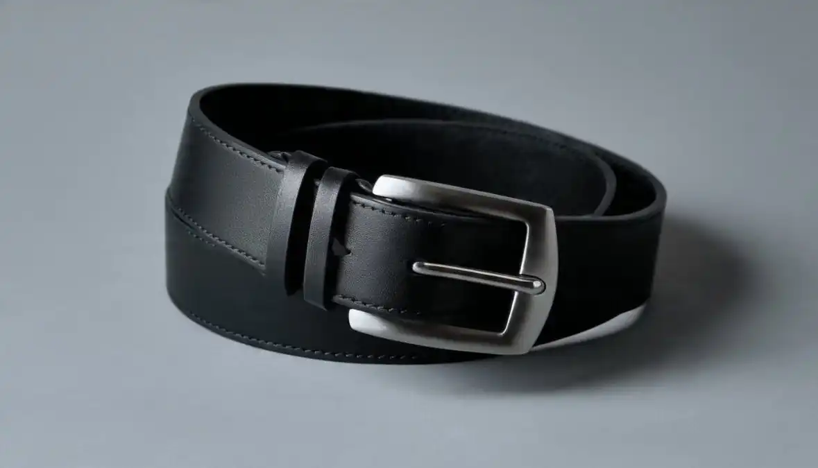 men’s statement belt flat lay, black full-grain leather with matte silver plaque buckle on gray background
