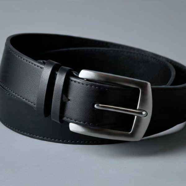 men’s statement belt flat lay, black full-grain leather with matte silver plaque buckle on gray background