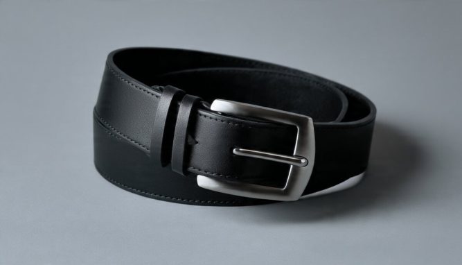 men’s statement belt flat lay, black full-grain leather with matte silver plaque buckle on gray background