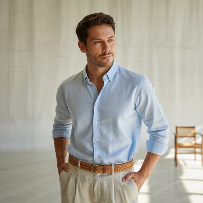 summer outfit with woven tan statement belt styled with light linen trousers and blue oxford