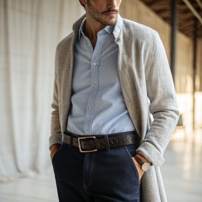 winter look with thick black leather statement belt, matte black buckle, dark denim and wool coat