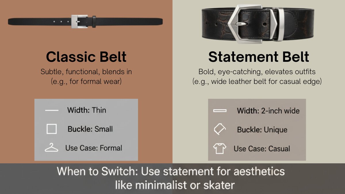 Infographic comparing classic thin belt to statement belt with leather wide belt and unique buckle for men's fashion.