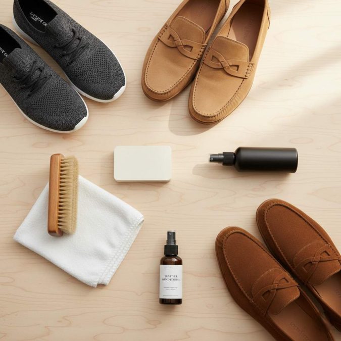 flat lay of knit sneakers woven leather loafers suede shoes with brushes and spray showing care tips for men’s shoes