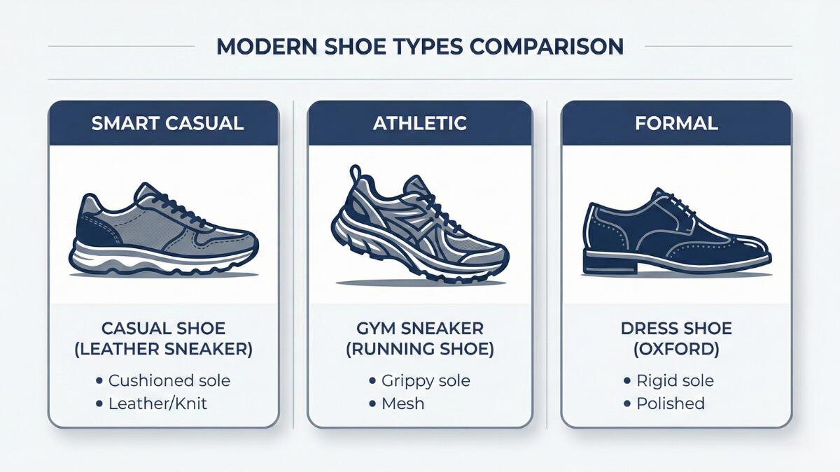 Comparison chart showing the differences between casual shoes, gym sneakers, and dress shoes based on sole, upper material, and style level.