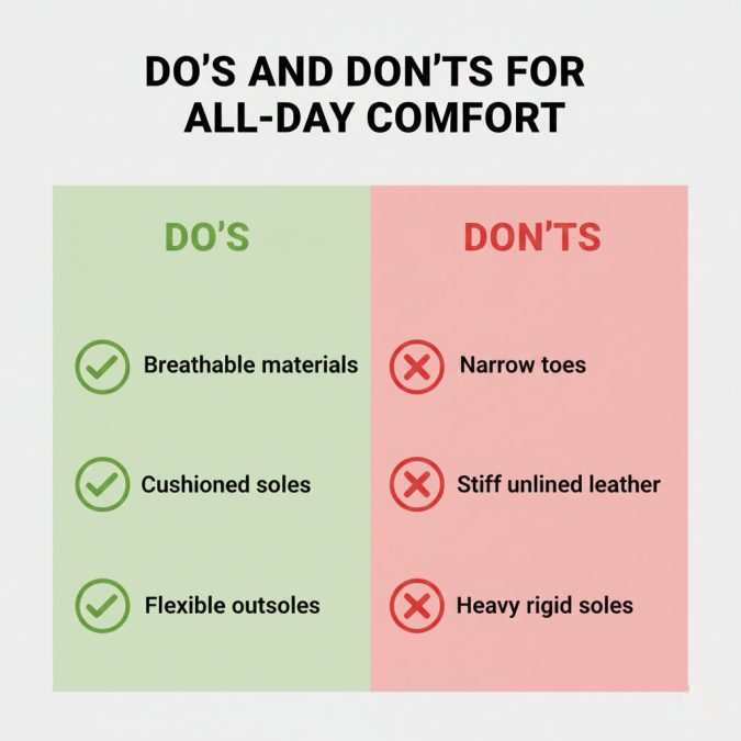 infographic listing do’s and don’ts for choosing comfortable mens diabetic footwear such as breathable uppers and avoiding narrow toes