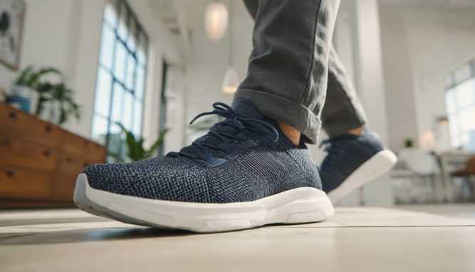 diabetic footwear mens flat lay with knit sneakers, woven leather loafers and suede shoes on neutral background