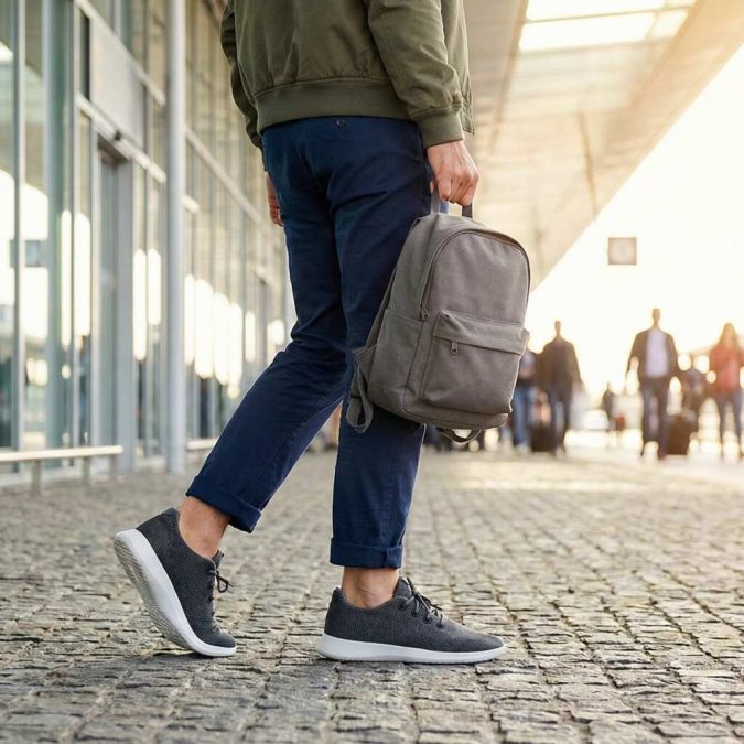 man walking with backpack wearing lightweight knit sneakers as grounded footwear for men while traveling