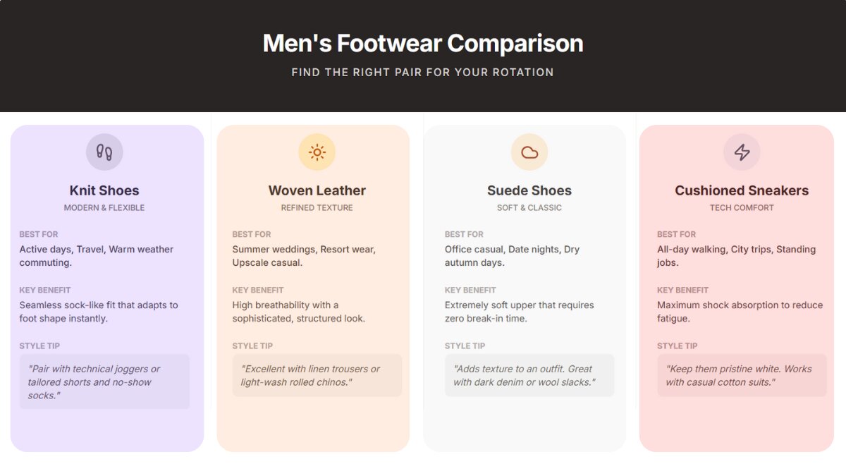 comparison infographic of knit shoes woven leather suede shoes and cushioned sneakers for men with best use and benefits