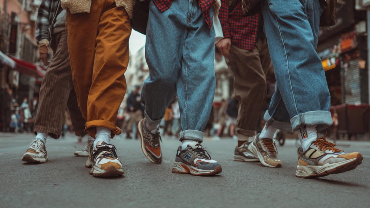 Gen Z fashion trends for 2026 showing men wearing chunky retro sneakers and casual knit shoes with relaxed streetwear.