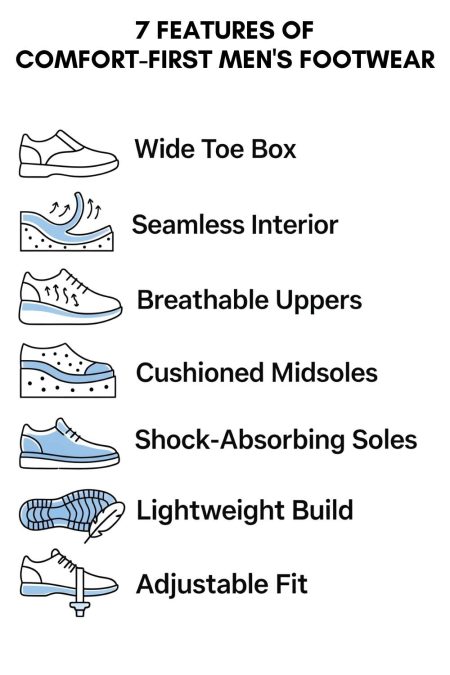 infographic showing seven key comfort features for mens diabetic footwear including wide toe box and breathable uppers